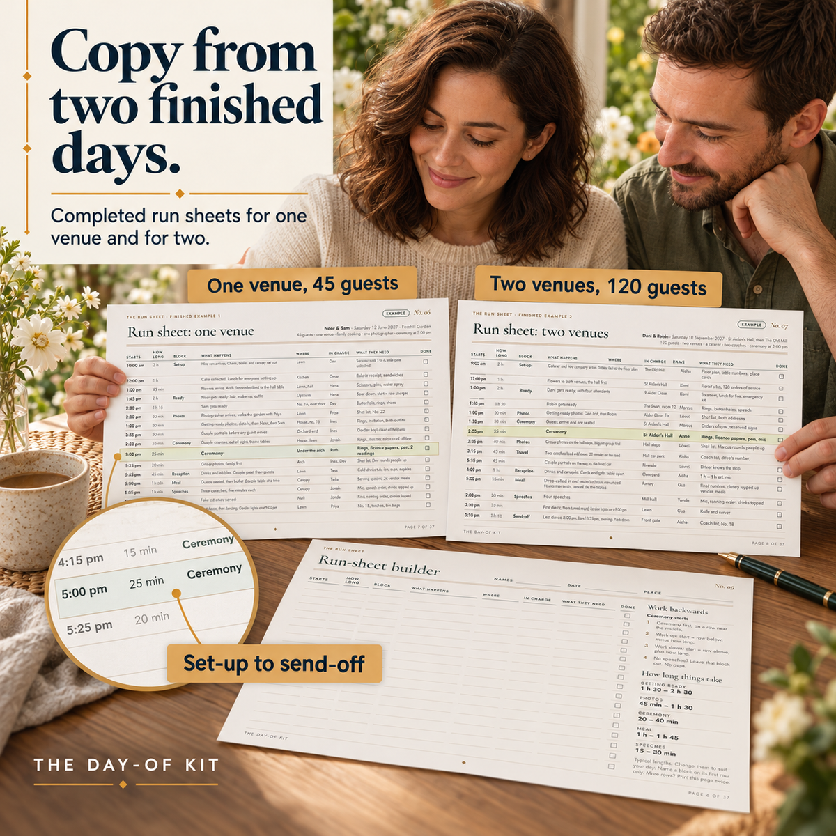 Two finished example run sheets: one venue and two venues